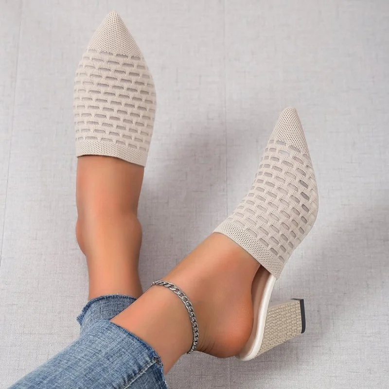 

New Fretwork Heels Pointed Toe Slippers Women high heel Shoes Stretch Fabric Mesh Mules Flip Flop Slip on Slides Plus Size 43