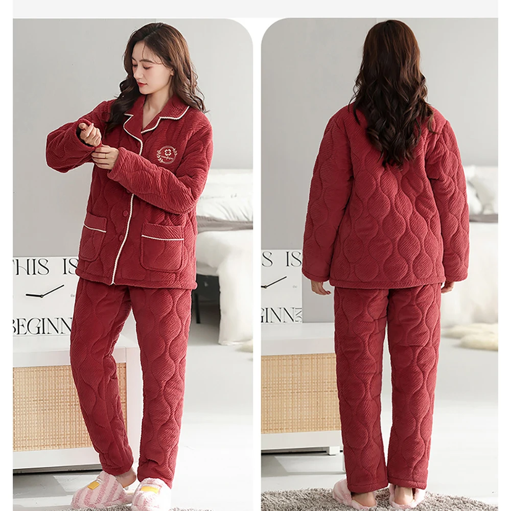 Winter Flannel Super Thick Women's Pajamas 3-Layer Air Cotton Warm Pijamas Set for Women Sweet Loose Pajama Sets pijama mujer