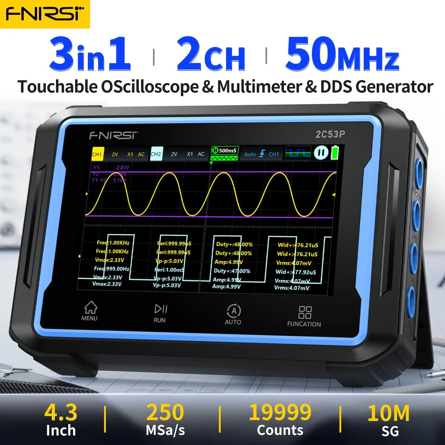 FNIRSI 2C53P Digital Handled Oscilloscope Multimeter Signal Generator 3 in 1 Touch Screen Portable 2 Channel 50MHz 250 MSa/s digital oscilloscope,signal generator