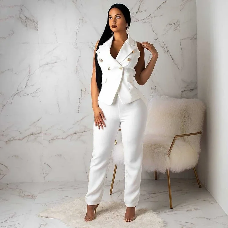 

White Two Piece Set Sleeveless Casual Office Blazer Women High Waist Pencil Pants Suit Solid Color Blazer Vest Elastic Pants Set