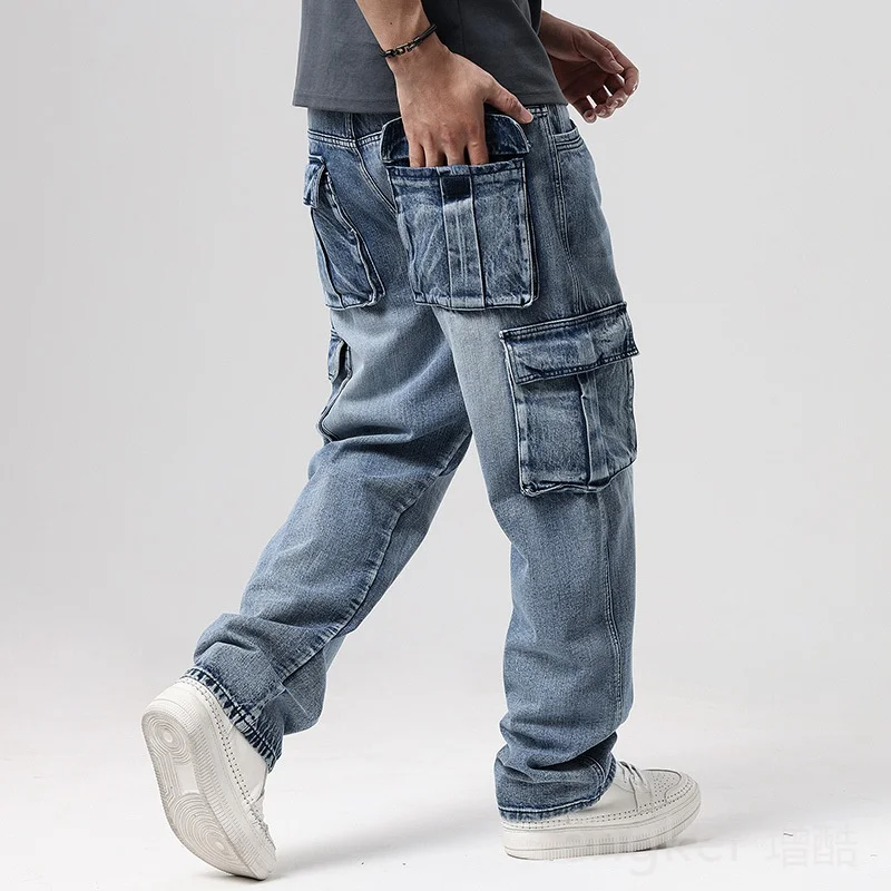 Large size hip hop trousers men's nostalgic retro multi-pocket sub fatty work skateboard jeans men cargo pants mens jeans 46