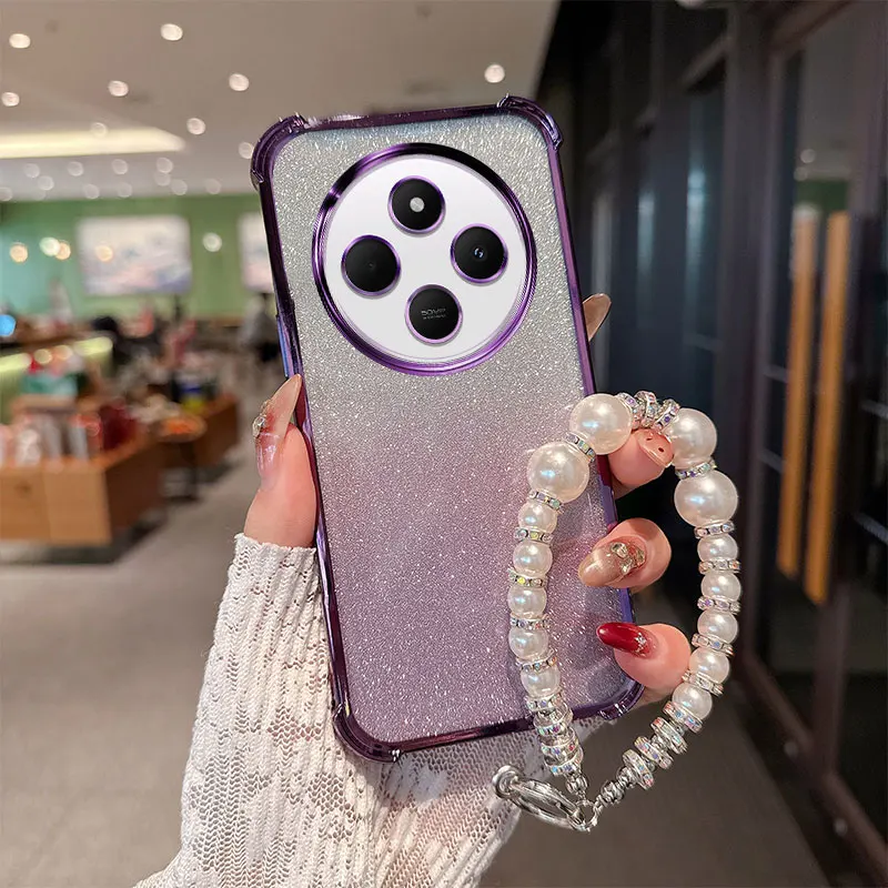 Gradient Glitter Shockproof TPU Phone Case with Luxury Pearl Chain Wrist Strap