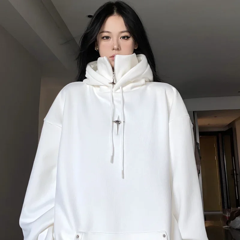 QWEEK Streetwear Black Hooded Female Sweatshirts Oversized Hoodie Women Harajuku Vintage Pullovers Korean Fashion Goth Aesthetic