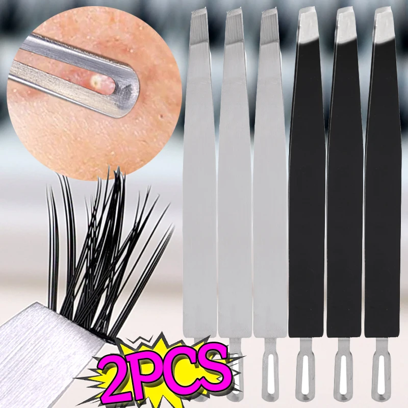 2PCS Stainless Steel Eyelash Tweezers Flat Eyebrow Clip Hair Removal Cosmetic Tools Double Headed Blackheads Acne Removal Tools 2