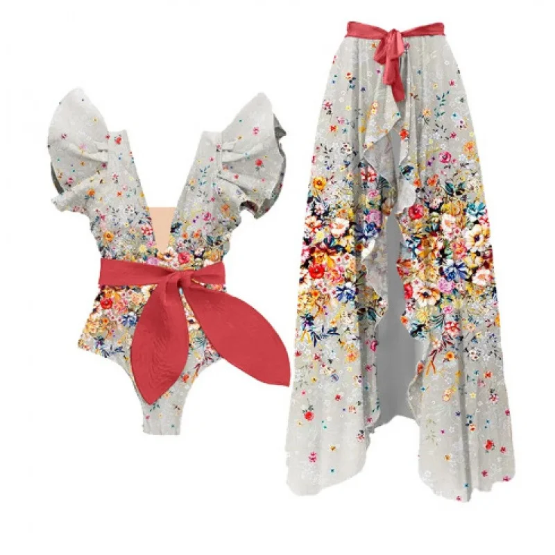 2024New Bow Print One-Piece Women's Swimwear Suit French Retro Cover Belly Slimming Swimsuit