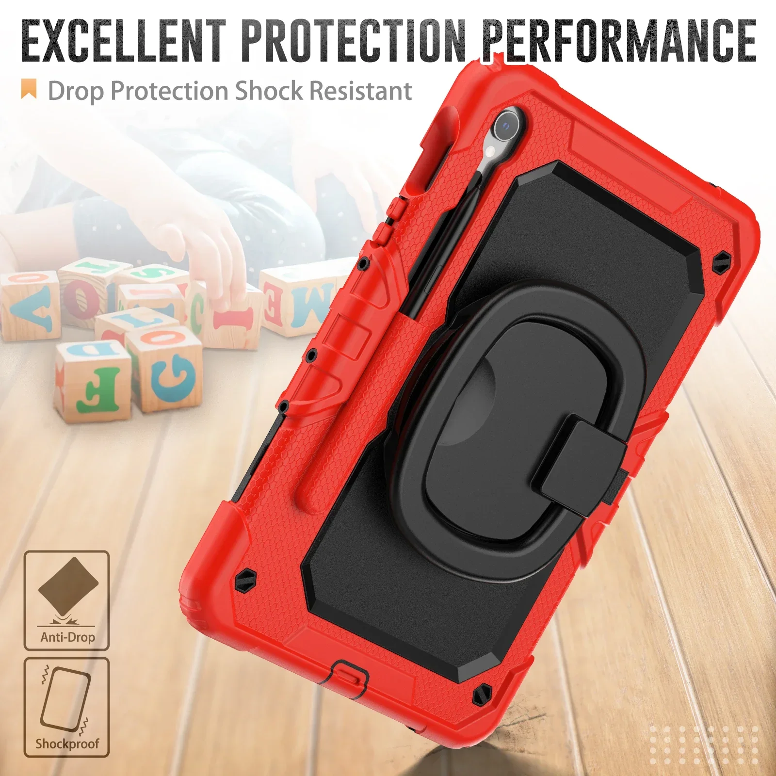Shockproof Tablet Case with 360° Rotatable Stand & Shoulder Strap - Kids Protective Cover