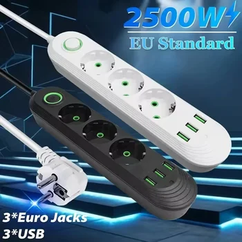 2M Cable EU Plug Power Strip with 3 USB Socket Network Filter Round Pin AC Outlet Ports Extension Cord Electrical Charge Adapter 1