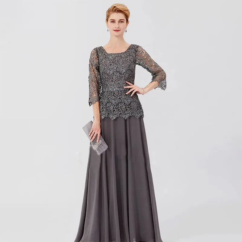 

Elegant Grey Mother Of The Bride Dresses Chiffon Applique Three-quarter Sleeves Floor-Length Mother Of The Groom Gowns 2024