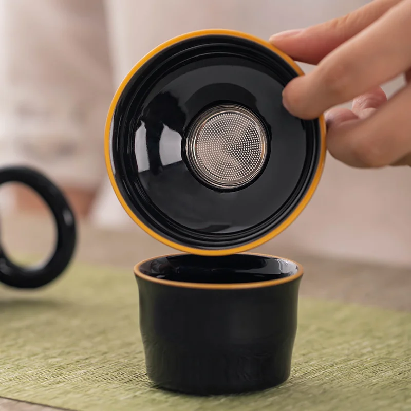 Kung Fu Tea Set for 6 People Household Chinese Style Black Gold Glazed Ceramic Tea Set Drinking Utensils Tea Pot Gaiwan Teacup