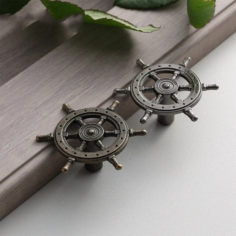 Antique Creative Single Hole Knob Captain Rudder Steering Wheel Handles Kitchen Closet Door Pull Handle 2PCS