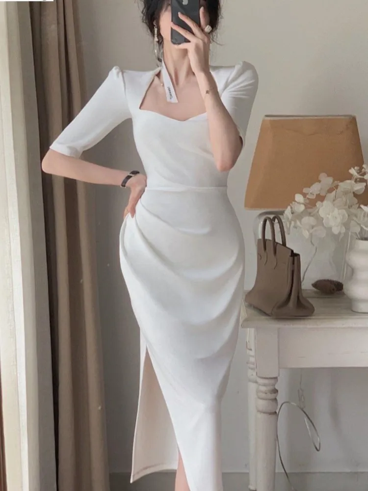 

Women's Elegant Bodycon Midi Dress Office Lady Monochromatic Slim Clothing New Fashion Spring Summer