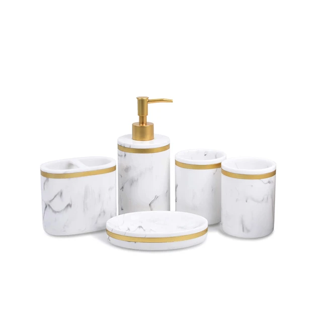 Juego de accesorios para baño, 5 piezas de resina para lavabo, soporte para  cepillos de dientes, dosificador de jabón líquido, jabonera, 2 vasos.