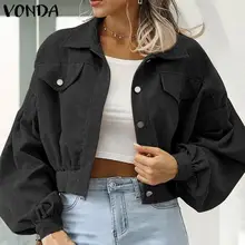 

Spring Short Coats VONDA Women Casual Pleated Long Puff Sleeve Solid Color Jackets Veste Party Overcoats Female Outerwears