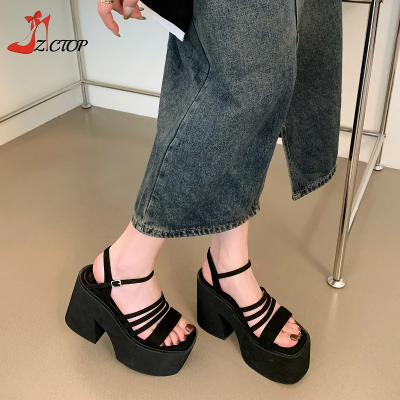 

Chunky Heeled Sandals Women Open Toe Ankle Strap Platform High Heels 11cm Black Punk Block Heel Rome Shoes Summer Casual Shoes