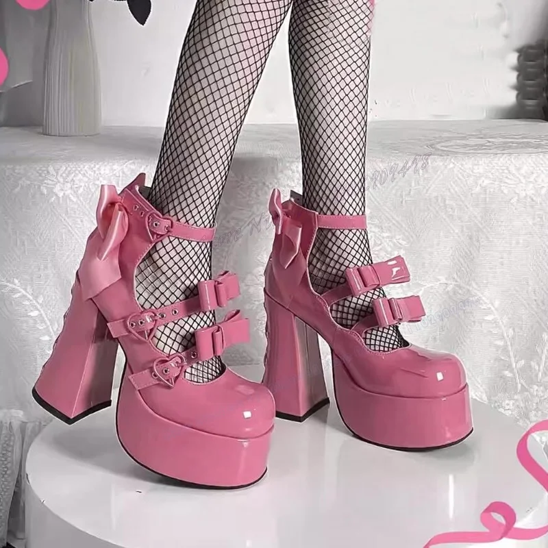

Pink Strappy Bow Knot Lolita Pumps Patent Leather Platform Round Toe Shoes for Women Chunky Heels Shoes 2023 Zapatos Para Mujere
