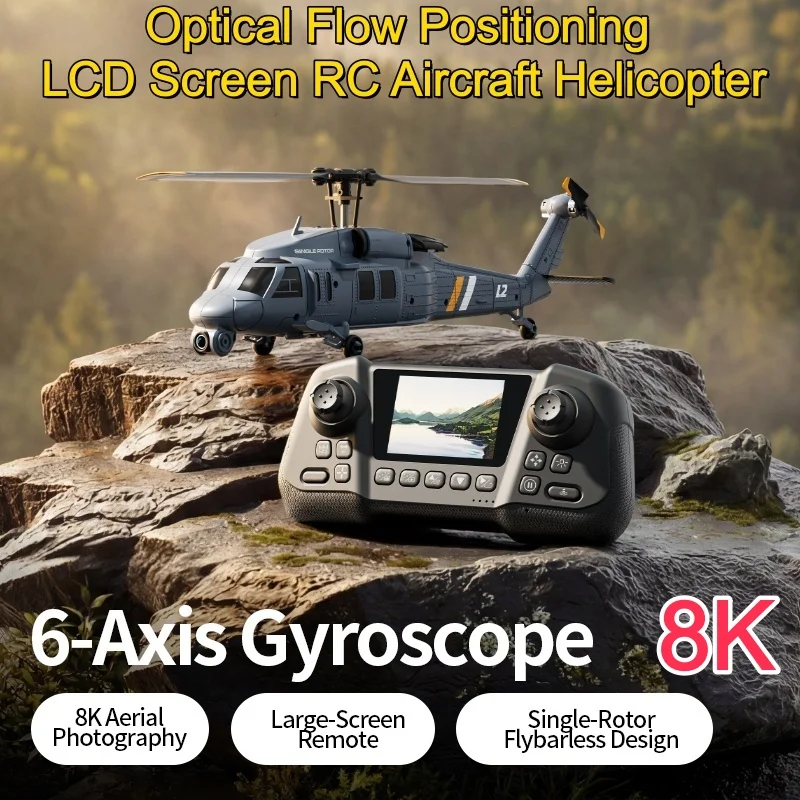 군용 원격 조종 스크린 헬리콥터 6축 자이로 단일 로터 8K 공중 광학 흐름 스크린 탑재 WIFI FPV RC 헬리콥터 장난감