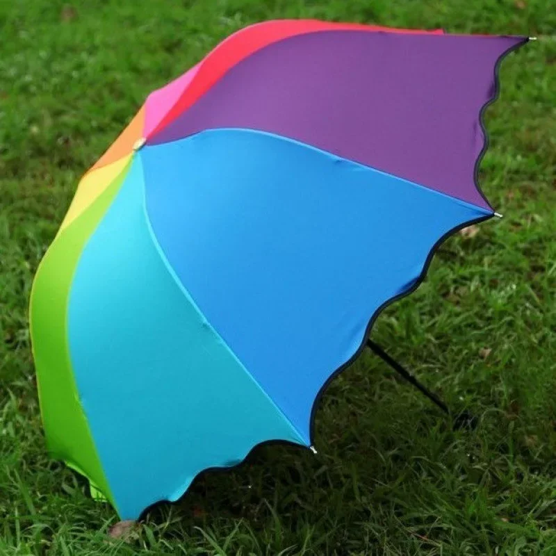 

Rainbow Umbrella Manual Three Folding Single Mini Parasol Kids Umbrella Windproof Double Layer Resistant Umbrella