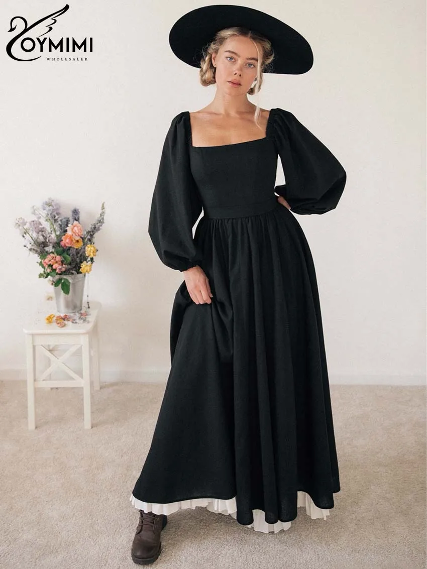 

Oymimi Elegant Black Cotton Women's Dress Casual Patchwork Square Neck Lace-Up Dresses Fashion Open Back Pleated Female Dresses