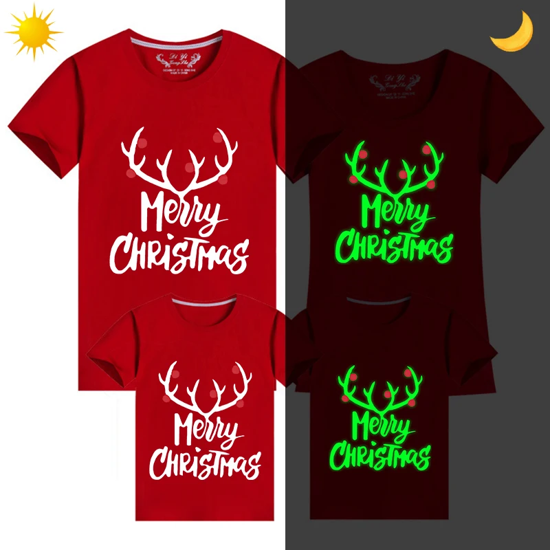 

Family Matching Christmas Tops Exclusive Design Luminous Christmas Antler Family Christmas T-shirt