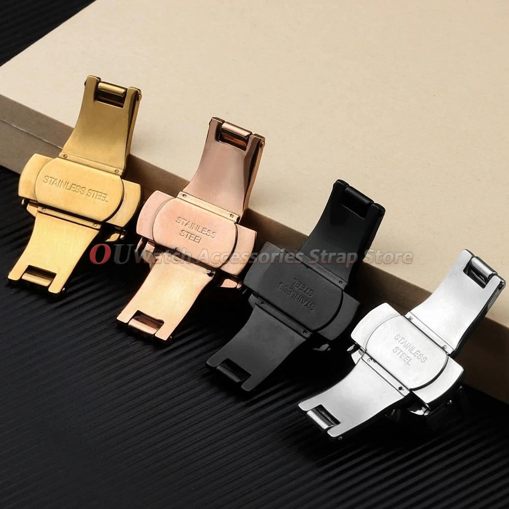 Stainless Steel Polished Butterfly Buckle Watch Strap with Metal Clasp