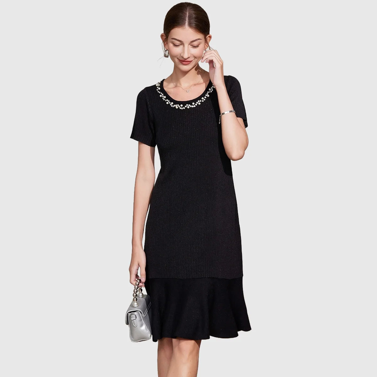 

Elegant Women's Summer Dresses Fashionable Evening Dress Women Beaded Short Sleeve Midi Dresses vestido Casual Women's Clothing