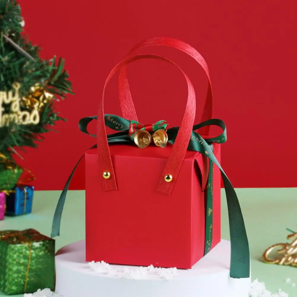 

Holiday Snack Box Festive Christmas Gift Box Elegant Handle Bowknot Ribbon Bell Decor Cubic Present for Holidays for Christmas
