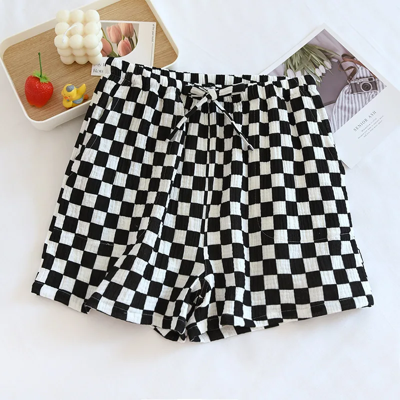 2023 Japanese Summer New Women's Pajama Pants 100% Cotton Crepe Simple Plaid Shorts Ladies Triple Pants Home Pants Cute bottoms