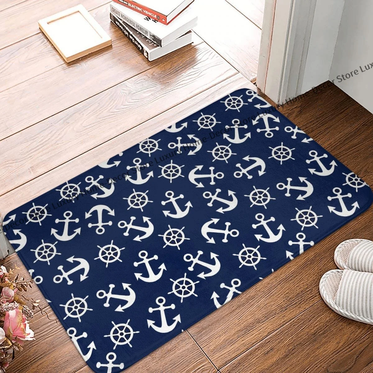 Non slip Doormat Bath Mat Nautical White And Navy Blue Anchors And Wheels Hallway Carpet