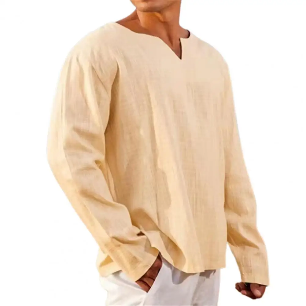 

New Men's Casual Blouse Cotton Tops Solid Color Loose Type Casual V Neck Pullover Summer Long Sleeve T-shirt Daily Clothes