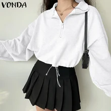 

VONDA Spring Femme Zipper Solid Chemise Top Lapel Collar Fashion Blouse Oversize Vintage Women Long Sleeve Drawstring Sweatshirt