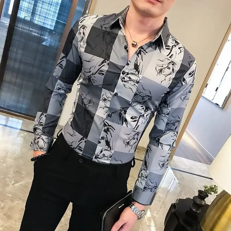 2024 New Summer Loose Casual Elegant Fashion Oversized Men's Shirt Irregular Print Polyester Lapels Long Sleeve Button Chic Tops
