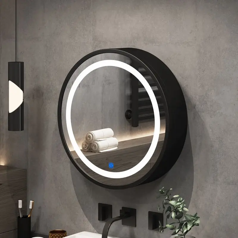 Waterproof and Heat-Resistant Bathroom Storage Mirror Box Creative LDF Round Mirror Cabinet Modern Multi-Layer Solid Wood Wall-Mounted Storage Box 