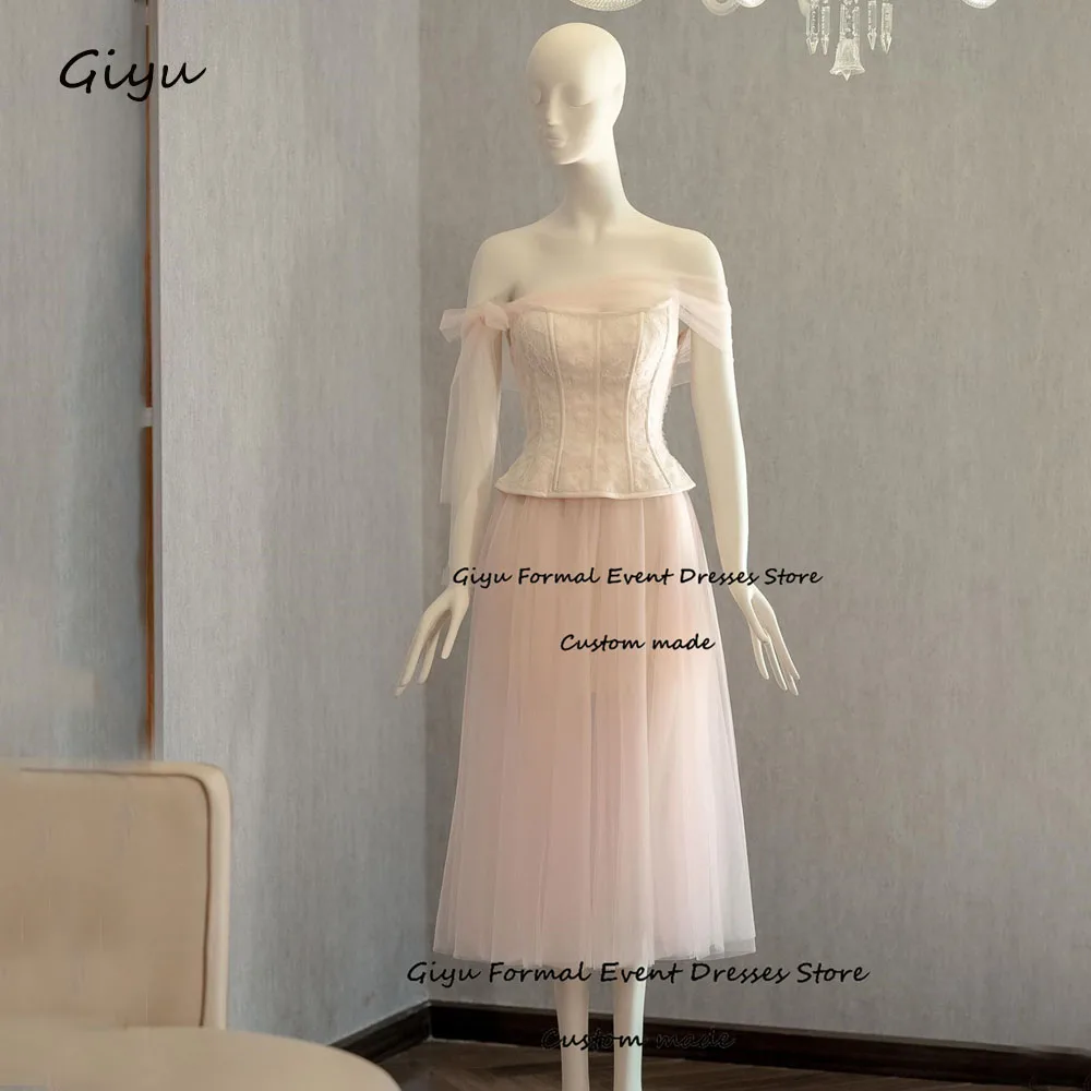 

Giyu Fairy Pink Evening Gown Dress Off the Shoulder Tea-Length Korea Wedding Dress Photo Shoot Birthday Party Dress