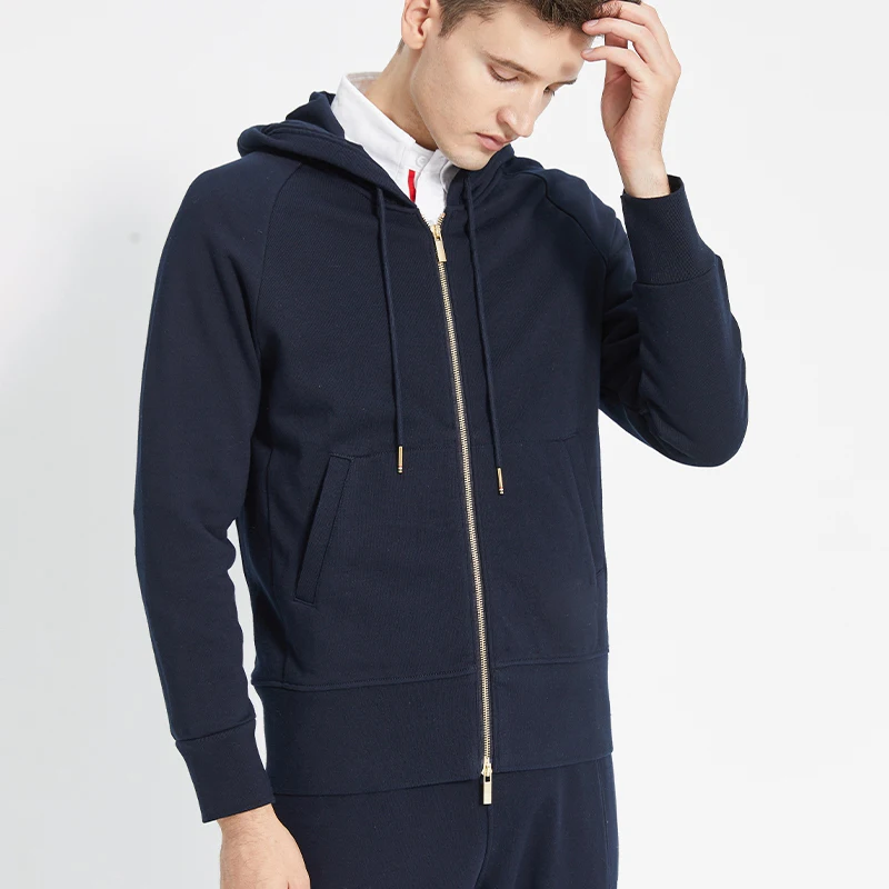 

TB THOM Zip Up Hoodie Men's Fashion Casual Top Quality Waist 4-Bar Striped Sweatshirts Korean Classic Solid Color TB Pullover