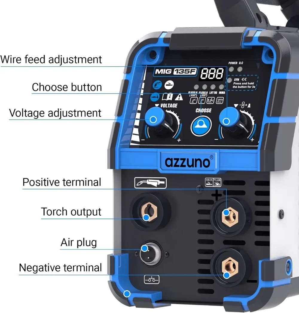 135 Amp MIG Welder, 3 in 1 Multiprocess Welder 110V Flux Core Welder Flux MIG/Lift TIG/Stick Welding Machine Synergic Control 4