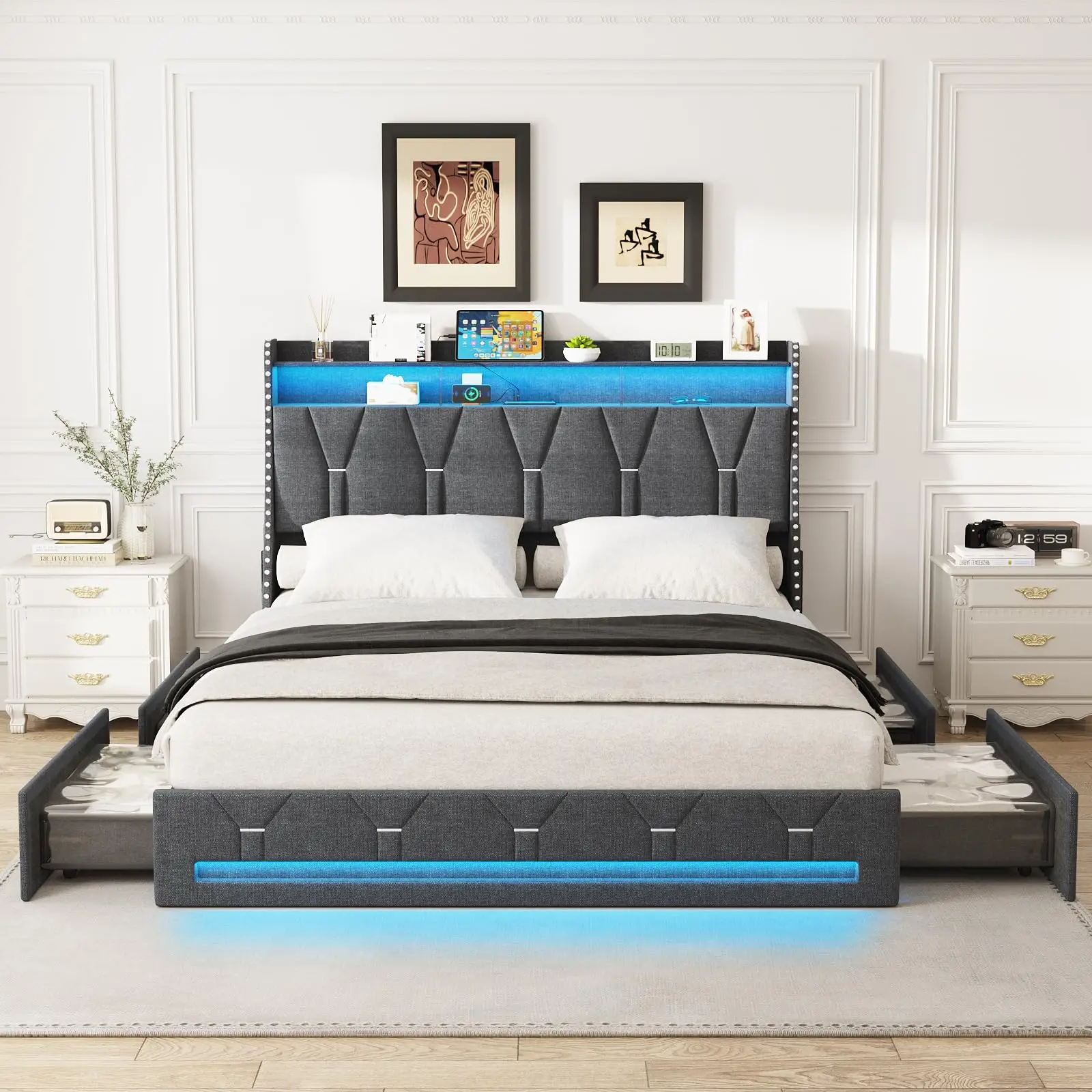 Vabches Queen Size Bed Frame with Headboard&4 Dustproof Storage Drawer Upholstered Platform Bed Frame with Power Strip&LED Light 3