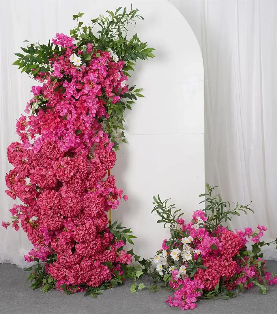 

KT Board Decor Hot Pink Rose Hydrangea Greenery Floral Arrangement Wedding Background Decor Arch Flower Row Runner Event Props