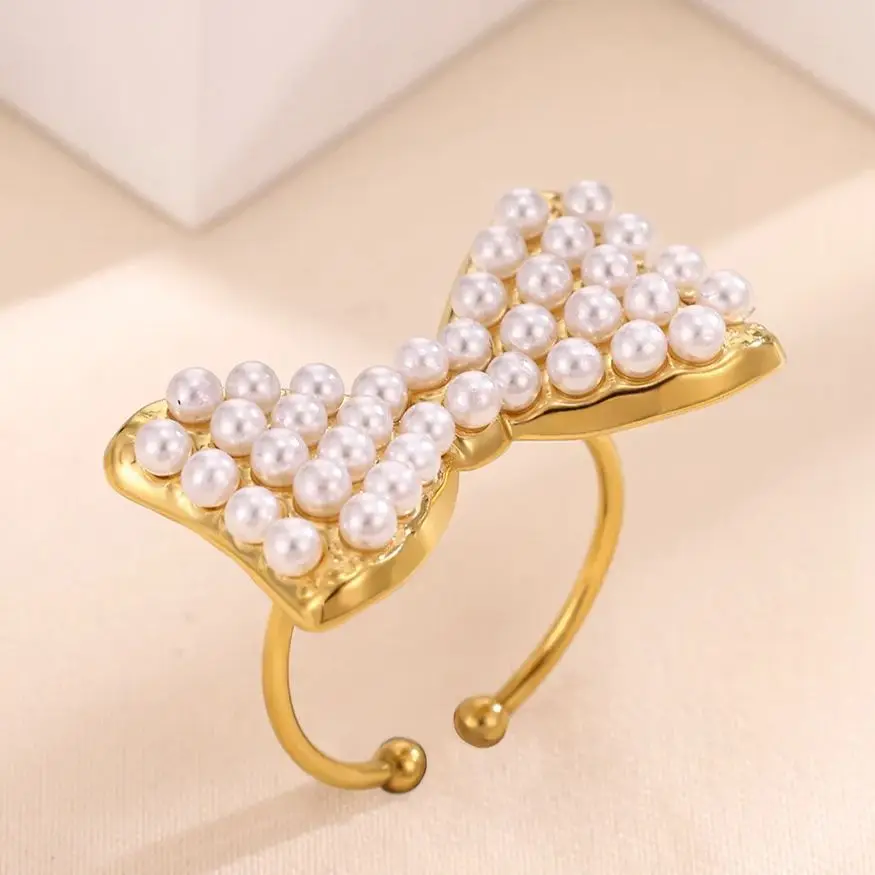 Elegant Bowknot Pearl Rings for Women Gold Color Stainless Steel