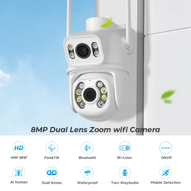 8MP 4K WIFI IP Camera Dual Lens PTZ Surveillance Camera Outdoor Waterproof  Security Portection IR Color Night Vision Smart Home 2