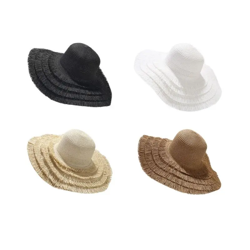 

2023 Summer Straw Solid Big Bucket Hat Fisherman Hat Foldable Outdoor Travel Sun Cap for Girl and Women 04