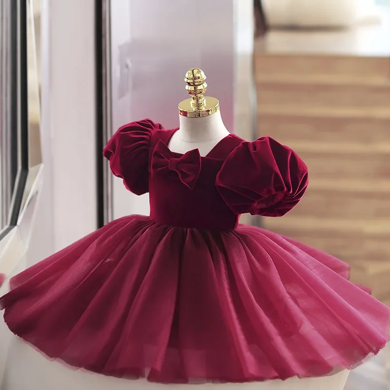 

Children's Birthday Party Dress Girl's Fashionable Wine Red Little Girl Princess Dress Fluffy Gauze Clothing y1136