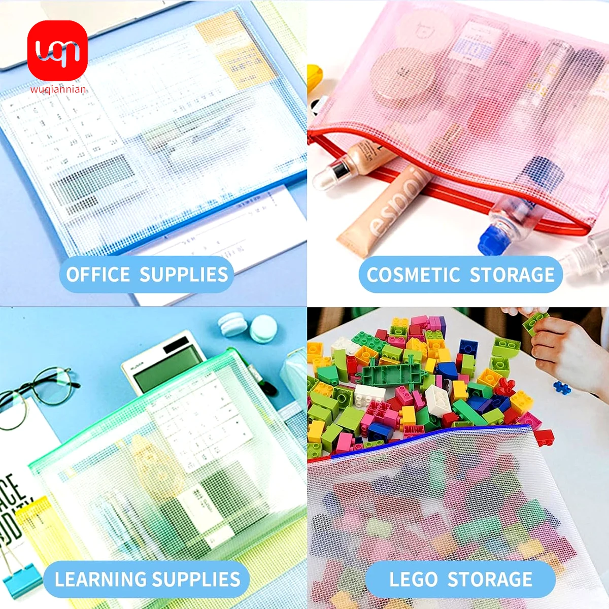 WQN-5PCS 문서 메쉬 방수 지퍼 가방 A4 혼합 색상 학교 및 사무용품 다기능 여행 가방