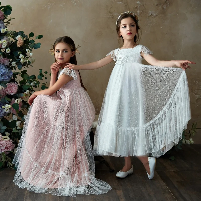 

Pink Feather Flower Girl Dresses For Wedding Beaded Toddler Pageant Gowns Bateau Neck Floor Length Ruffled Kids Prom Dresses