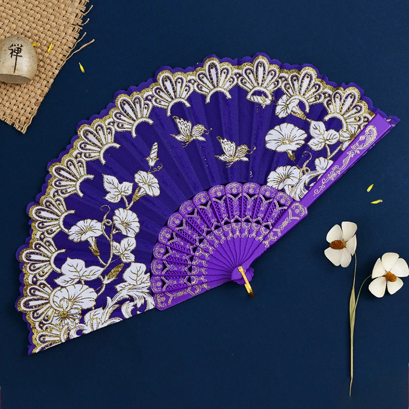 Chinese Style Folding Fan Vintage Portable Hand Held Fan Plastic Flower Printed Female Dance Art Props Decoration