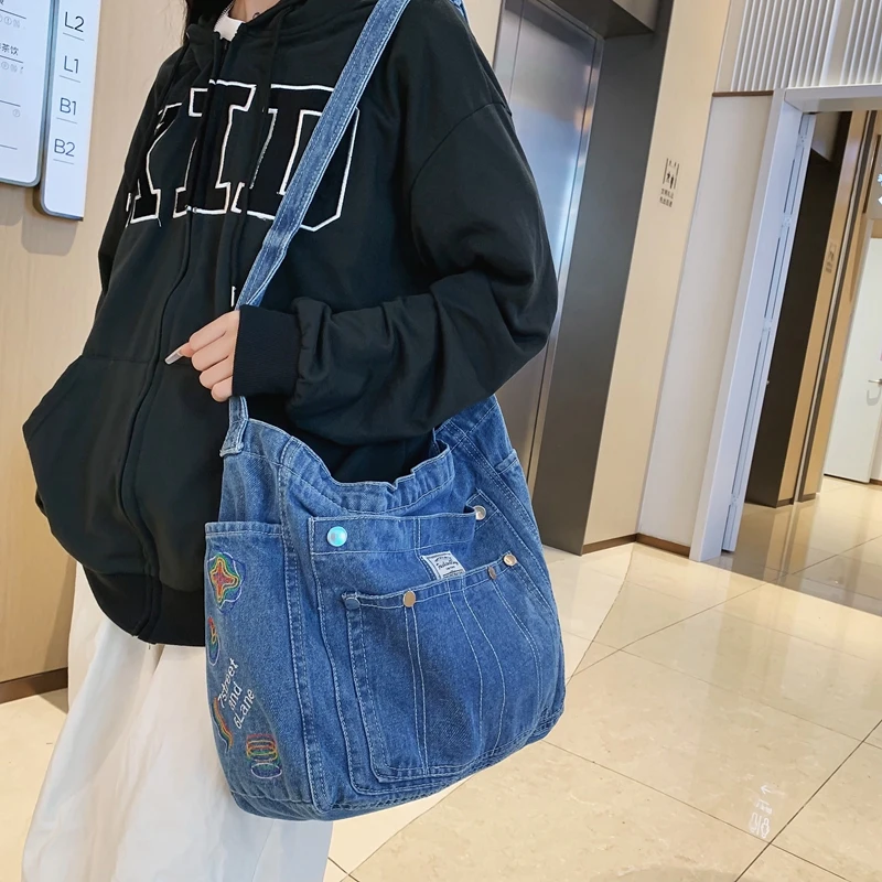 HighQualityCanvasWomenSShoulderBagUnisexDenimBlueSchoolStudentShoulderBagCasual