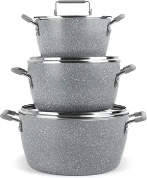 Gray Nonstick Pots and Pans Set, 6-Piece Stackable Cookware with Lids, Dishwasher Safe and Toxin Free 1