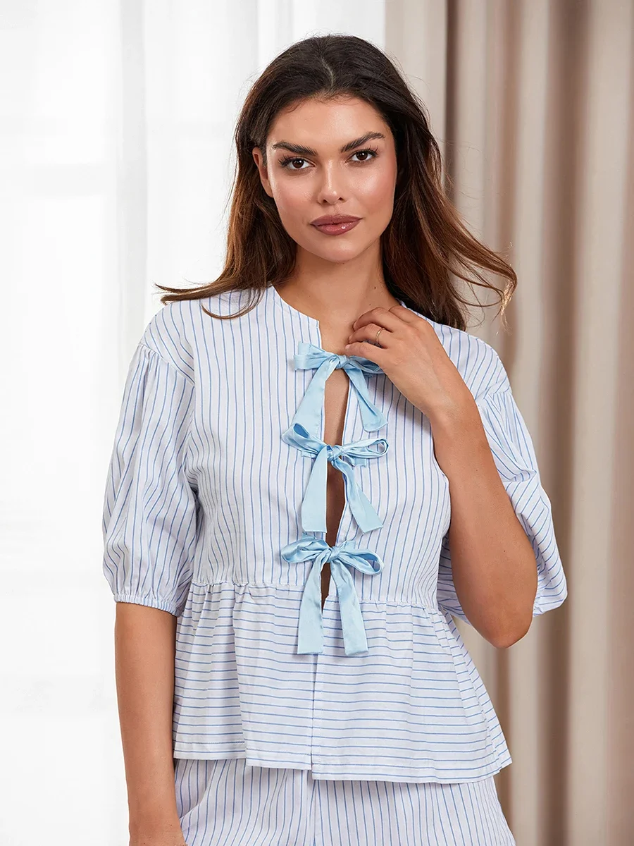 2024 New Bowknot Tie-up Peplum Shirts Chic Blue Striped Half Puff Sleeve Round Neck Loose Tops Women's Elegant Casual Blouses