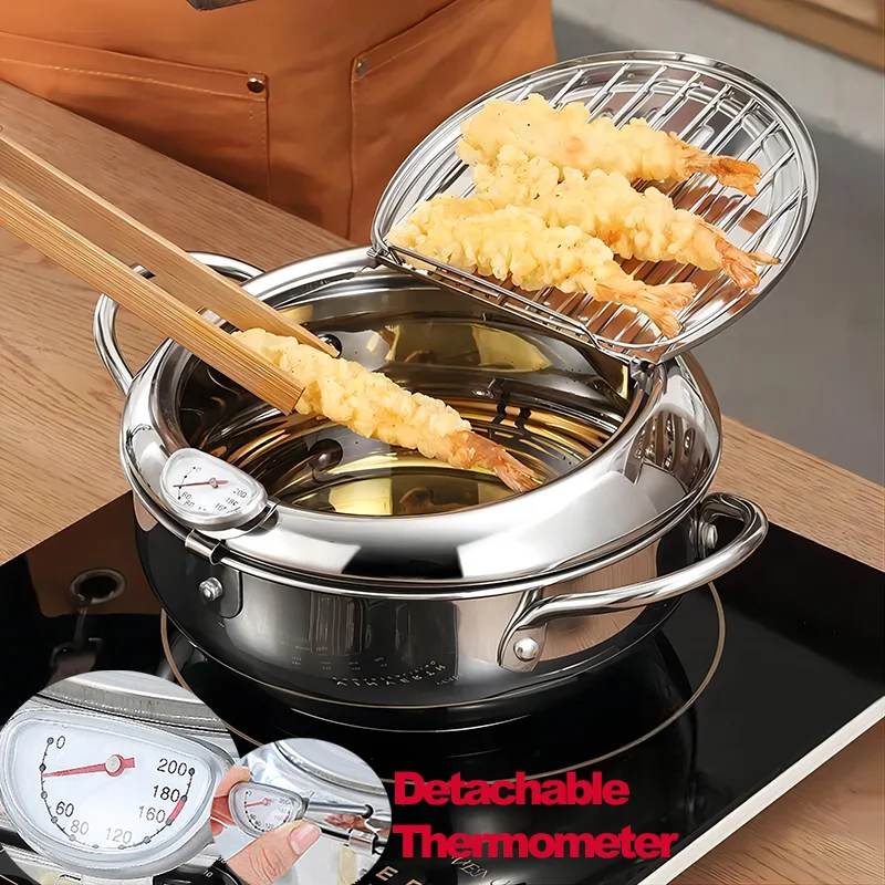 

304 Stainless Steel Frying Pan with Thermometer Cover Tempura Small Oil Saving Deep Fryer Fries Cookware Oil Strainer Container