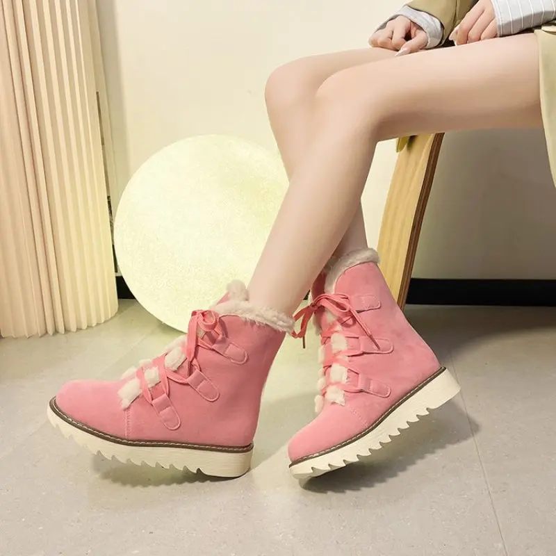 New Winter Women Fluffy Boots Casual Warm Fur Mid-Calf Boots Shoes Women Lace Round Toe Platform Boots Snow Boots Shoes Fashion