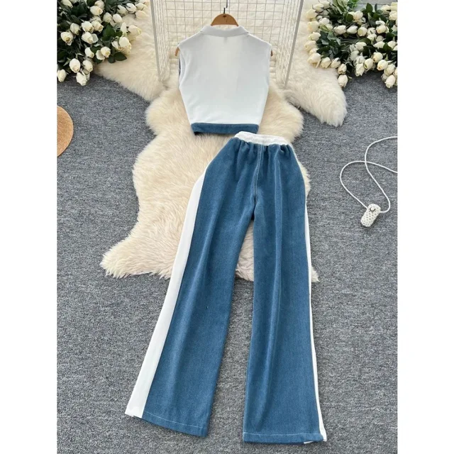Women's Two-Piece Distressed Sleeveless Vest & Wide-Leg Jeans Streetwear Set 3